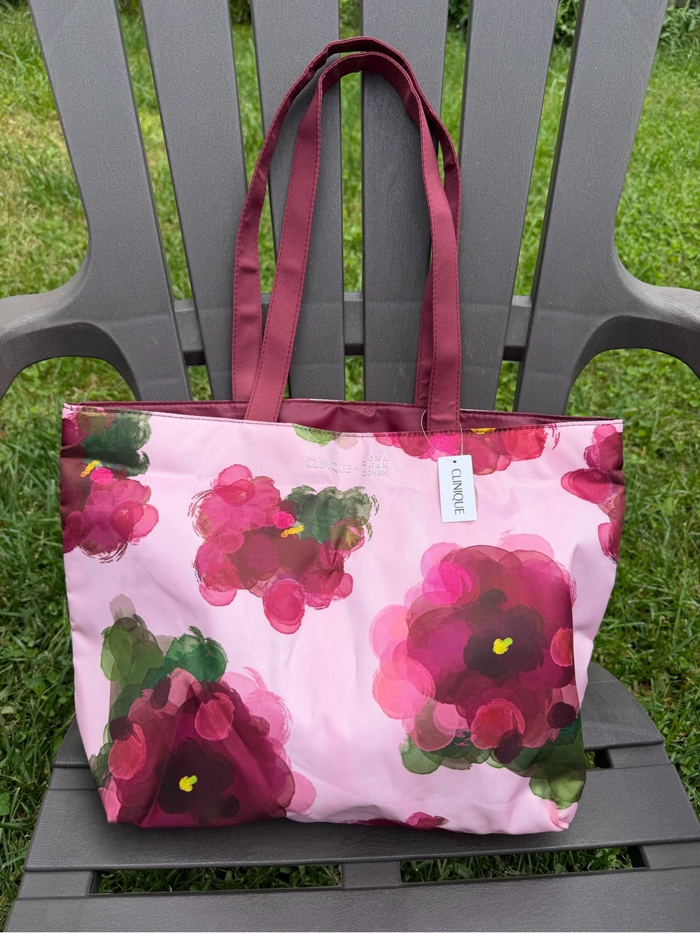 Clinique Pink Floral Print Tote with Burgundy Handles